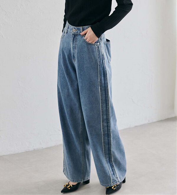 RANAN（ラナン）の「配色サイドフリンジワイドデニム（フルレングスパンツ）」｜詳細画像