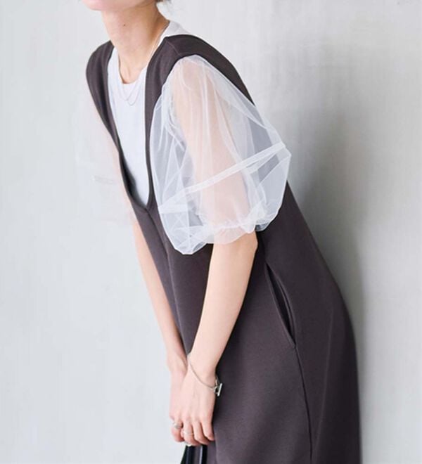 RANAN（ラナン）の「【ひんやり】チュールレイヤードパフスリーブTシャツ（カットソー）」｜詳細画像