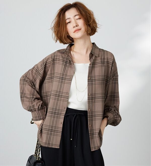 BELLUNA（ベルーナ）の「シアージョーゼット素材チェック柄シャツ（シャツ）」｜詳細画像