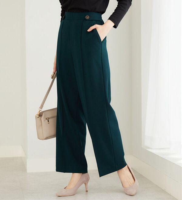 BELLUNA（ベルーナ）の「サマ見え（Ｗ）ストレッチ素材タブ使いワイドパンツ（ワイドパンツ・ガウチョ）」｜詳細画像