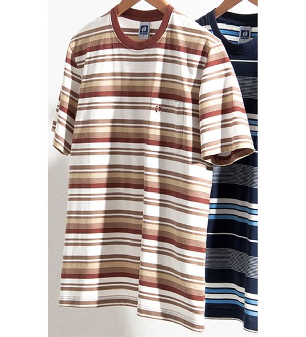 「＜ハンテン＞マルチボーダーＴシャツ（メンズＴシャツ）」｜ベージュ