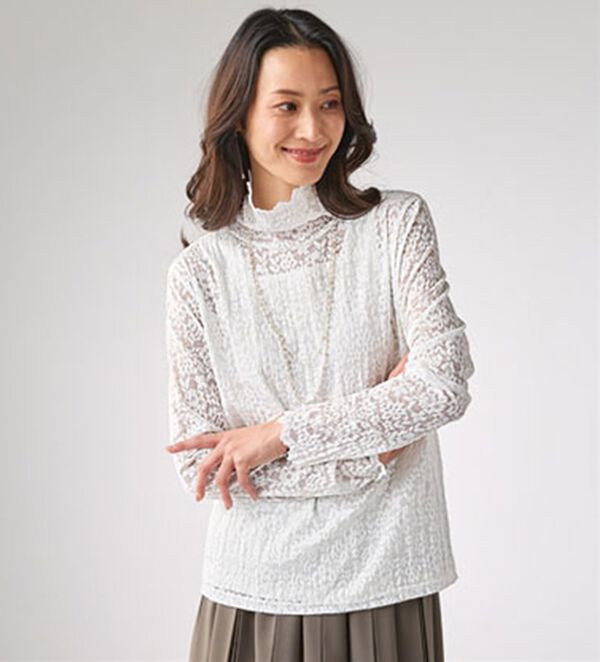 BELLUNA（ベルーナ）の「《首元のシワをおしゃれに隠せる》ブークレー調ニットレース使いアンサンブル（アンサンブル）」｜詳細画像