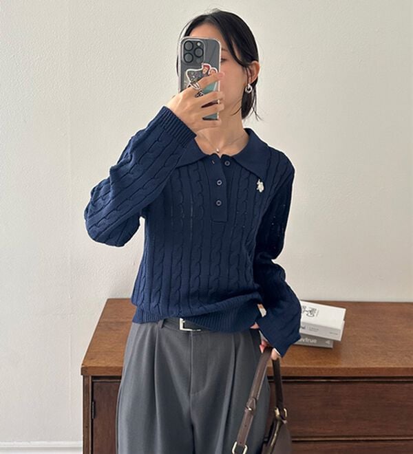 RANAN（ラナン）の「＜Ｕ．Ｓ．Ｐ＞刺繍長袖ケーブルポロニット（ニット・セーター）」｜詳細画像