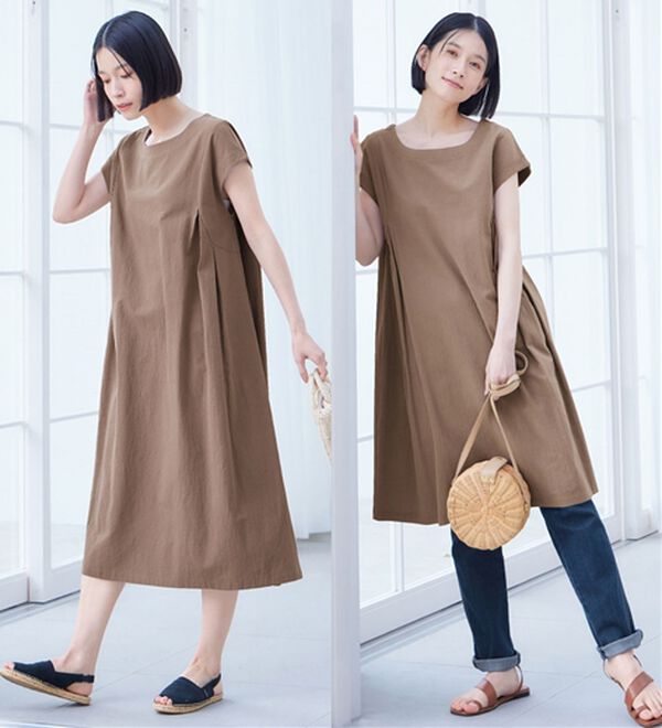 かんしゃ 選べる2丈】綿100％タック使いワンピース＜S～4L