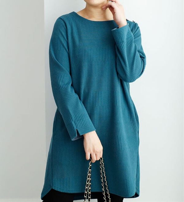 BELLUNA（ベルーナ）の「肩ボタンボーダージャカードワンピース（その他ワンピース）」｜ブルーグリーン