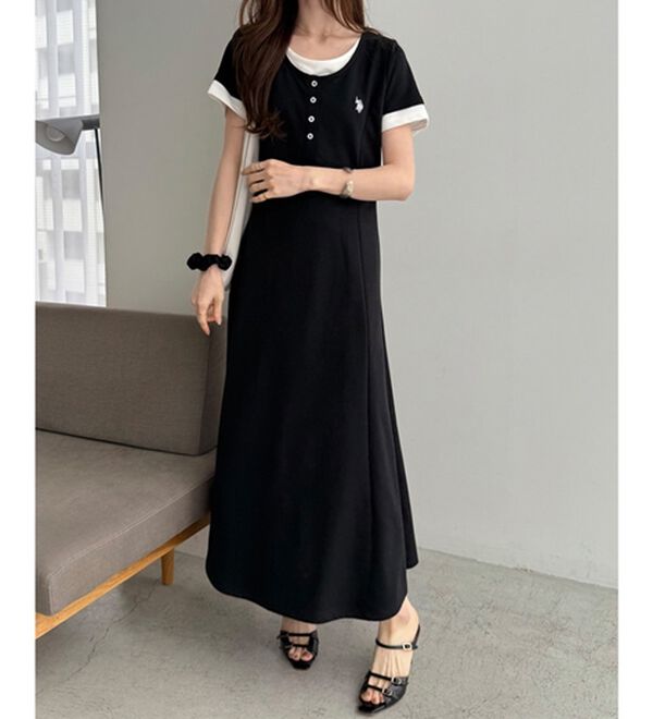 GeeRA（ジーラ）の「【ＵＳ．ＰＯＬＯ．ＡＳＳＮ】レイヤード風ヘンリーネック半袖ワンピース（カットソーワンピース）」｜詳細画像