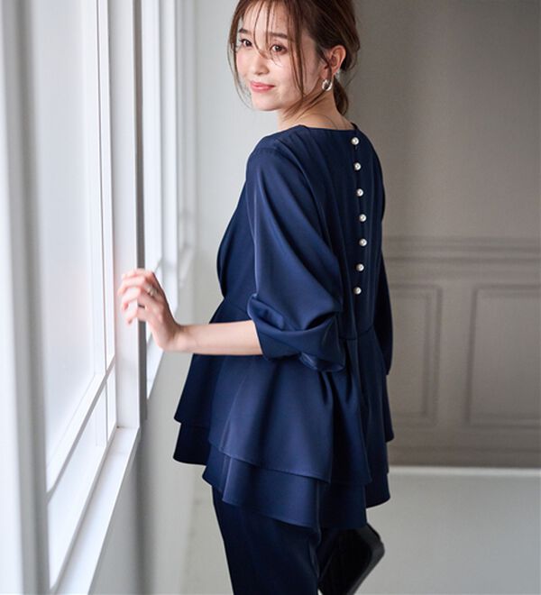 RANAN（ラナン）の「【２点セット】洗える！バックパール調ペプラムチュニックセットアップ（パンツスーツ）」｜詳細画像