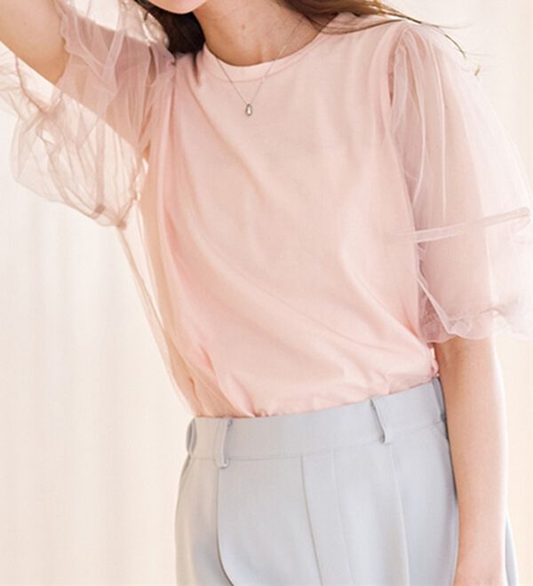 RANAN（ラナン）の「【ひんやり】チュールレイヤードパフスリーブTシャツ（カットソー）」｜詳細画像