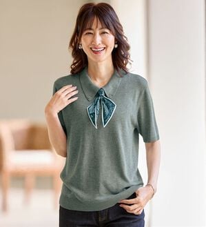 BELLUNA（ベルーナ）の「スカーフ付ニットポロシャツ（ニット・セーター）」｜杢グレー