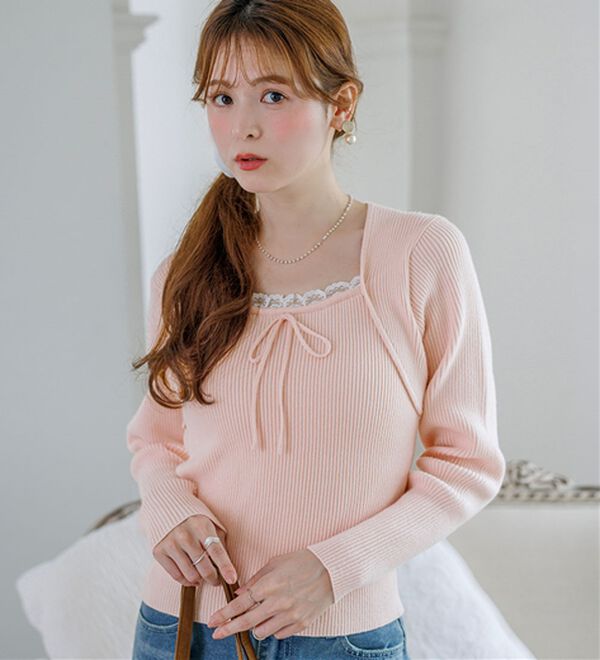 alotta（アロッタ）の「【Corie】ボレロレイヤード風ニットトップス（ニット・セーター）」｜ピンク
