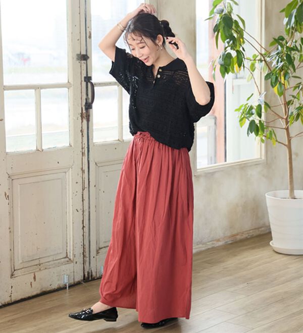 A HAPPY MARILYN（アハッピーマリリン）の「【Ｌ～６Ｌ】【２丈展開】【風通るプレミアム】綿・楊柳、ギャザーフレアスカンツ。（ワイドパンツ・ガウチョ）」｜詳細画像