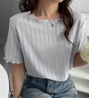 RANAN（ラナン）の「インせず着られる！透かし柄メロー配色Ｔシャツ（カットソー）」｜ブルーグレー