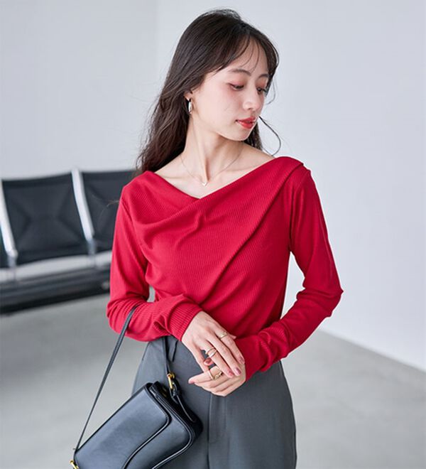 RANAN（ラナン）の「【春色追加】上品ドレープリブロングＴシャツ（カットソー）」｜詳細画像