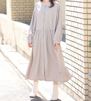 A HAPPY MARILYN（アハッピーマリリン）の「【ＬＬ～６Ｌ】ストライプ前開きシャツワンピース「ゆとりＭＡＲＩＬＹＮ」（シャツワンピース）」｜グレージュ