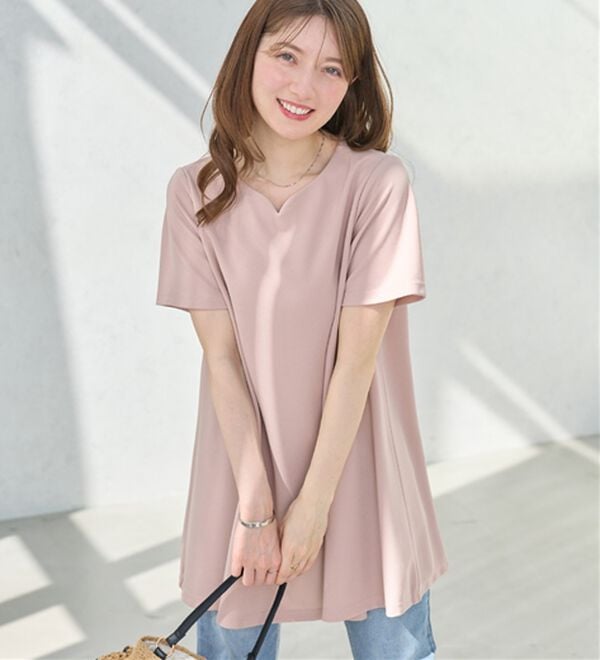 alotta（アロッタ）の「【接触冷感】さらっと快適！高見えフレアーロングチュニックＴシャツ（チュニック）」｜ピンク