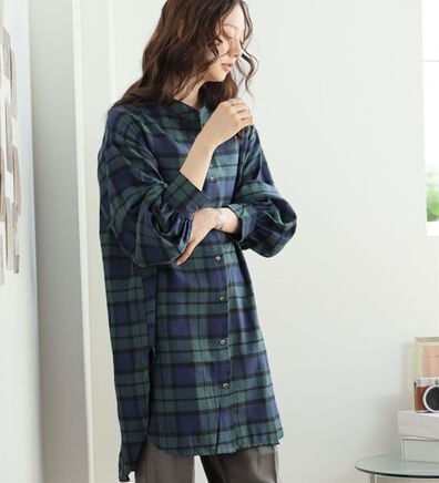 A HAPPY MARILYN（アハッピーマリリン）の「【ＬＬ～８Ｌ】フランネル チェック バンドカラー 裾ラウンド チュニック（チュニックワンピース）」