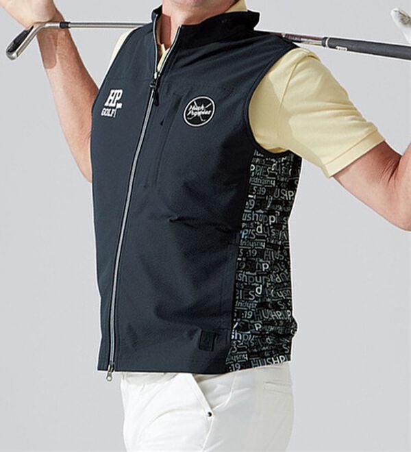 「＜ハッシュパピー・ゴルフ＞異素材切替ストレッチ総柄ベスト（メンズベスト）」｜詳細画像