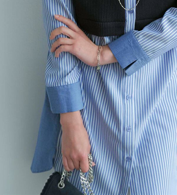 BELLUNA（ベルーナ）の「ストライプ&times;異素材切替シャツチュニック（チュニック）」｜詳細画像