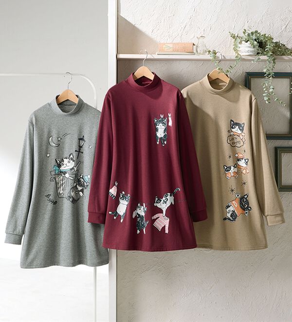「【３枚組】ネコちゃん裏起毛トレーナーチュニック（パジャマ・ルームウェア）」｜詳細画像