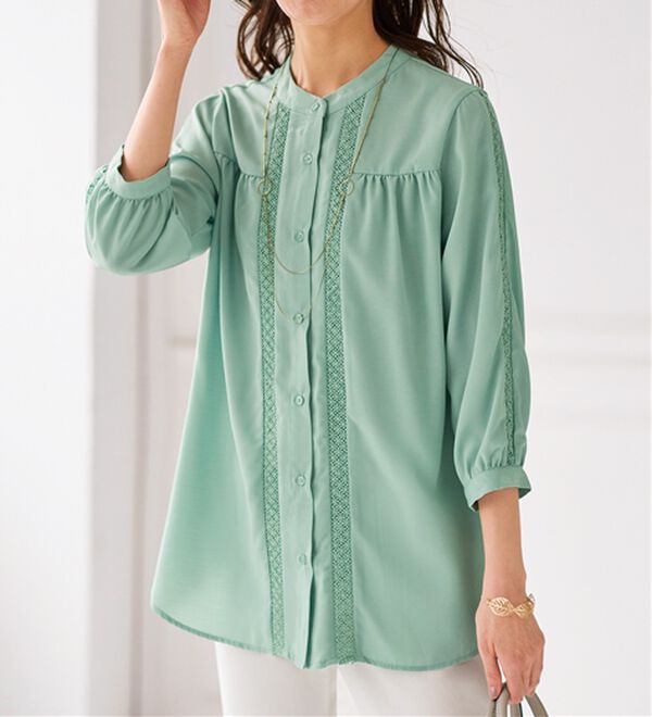 BELLUNA（ベルーナ）の「ビンテージ素材レース使いシャツチュニック（チュニック）」｜ミント
