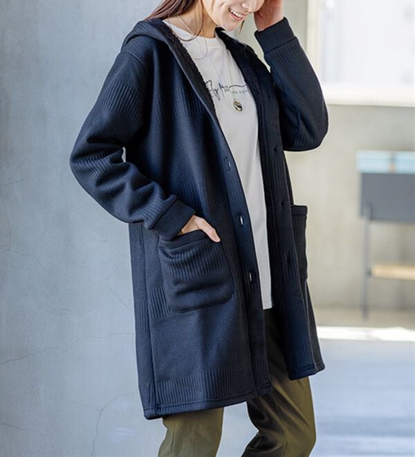 BELLUNA（ベルーナ）の「ボーダージャカード裏ボアカーディガン（ロングコート）」｜詳細画像