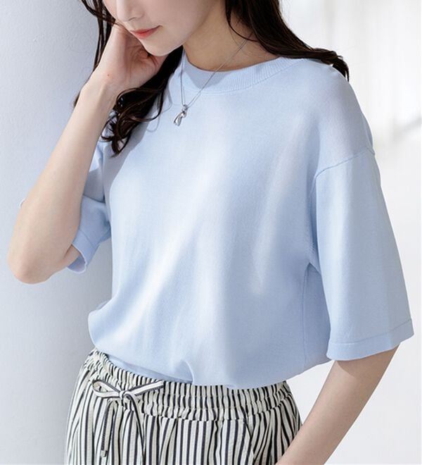 BELLUNA（ベルーナ）の「【快適Ｌａｂ．】シャリ冷！洗える多機能ニットＴシャツ（ニット・セーター）」｜ライトブルー