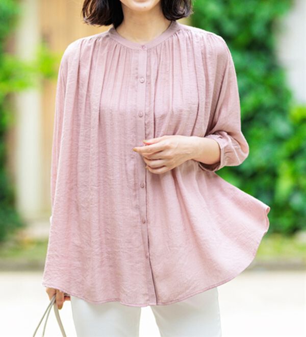 BELLUNA（ベルーナ）の「スラブ素材ギャザーデザインブラウス（ブラウス）」｜ピンク