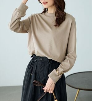 BELLUNA（ベルーナ）の「綿１００腰まわりゆったりリブデザインチュニック（カットソー）」｜グレージュ
