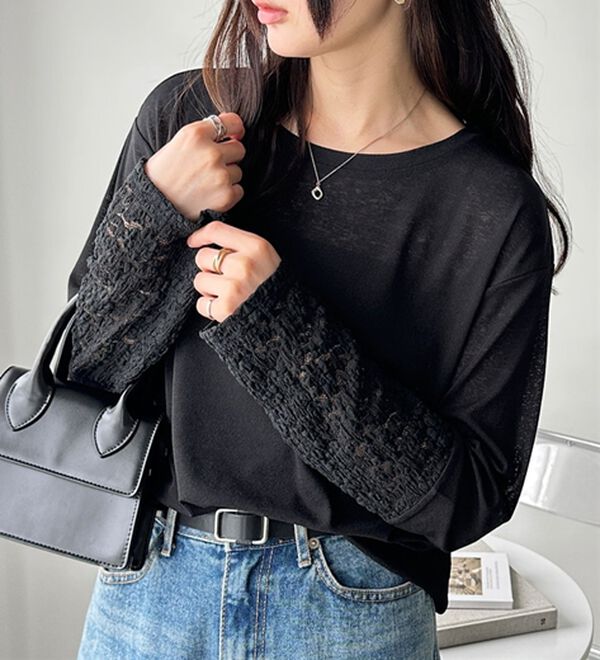 GeeRA（ジーラ）の「袖レーススラブシアーカットソー（カットソー）」｜詳細画像