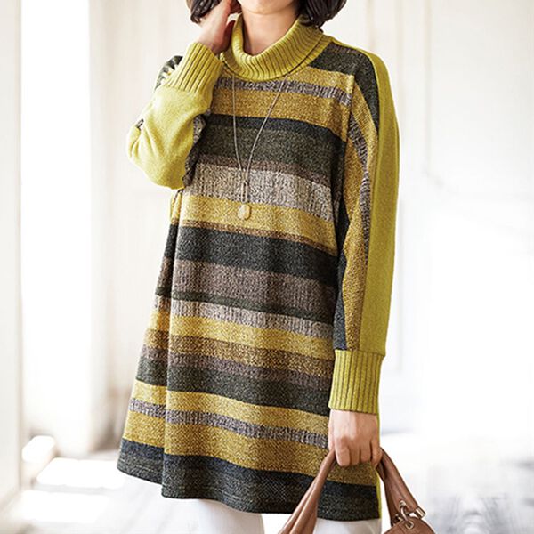 BELLUNA（ベルーナ）の「ボーダー編地調プリントドルマンチュニック（チュニック）」｜イエロー系