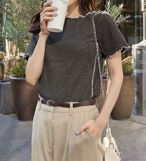 CHAN ME（チャンミ）の「配色ボートネックメロートップス（Tシャツ）」｜チャコール