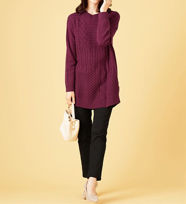 BELLUNA（ベルーナ）の「パッチワーク調ケーブルニットチュニック（チュニック）」｜詳細画像