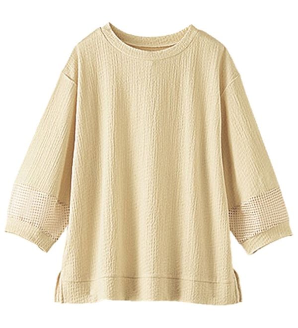 BELLUNA（ベルーナ）の「ジャカード素材袖メッシュレースプルオーバー（カットソー）」｜クリームイエロー