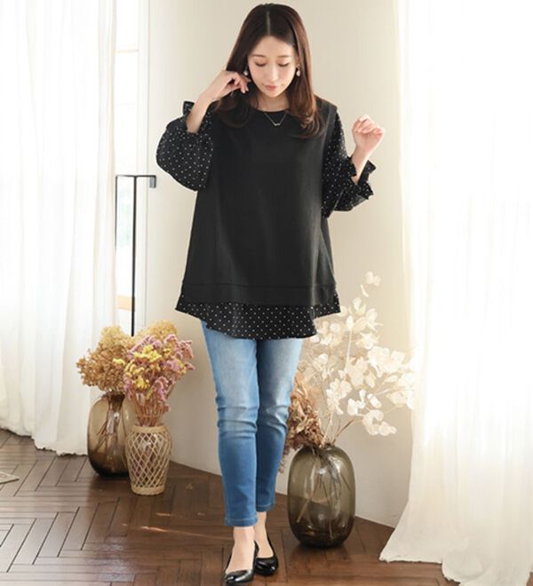 A HAPPY MARILYN（アハッピーマリリン）の「【Ｌ～６Ｌ】華奢魅せ&times;お洒落さっと着てパッと可愛い１枚で完成ドッキングトップス（カットソー）」｜詳細画像