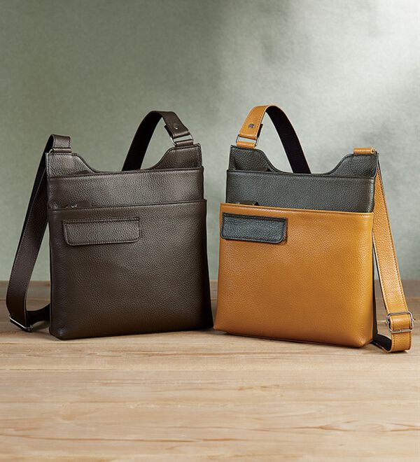 「＜日本製＞姫路レザースマホポケット付ショルダー（メンズショルダーバッグ）」｜詳細画像