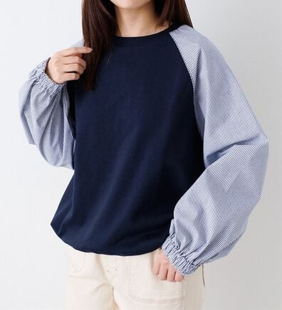 Viola e Viola（ヴィオラ エ ヴィオラ）の「綿混ミニ裏毛ストライプ切替トップス（カットソー）」