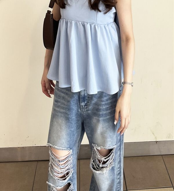 GeeRA（ジーラ）の「オリジナルパットダメージワイドデニム（ワイドパンツ・ガウチョ）」｜詳細画像