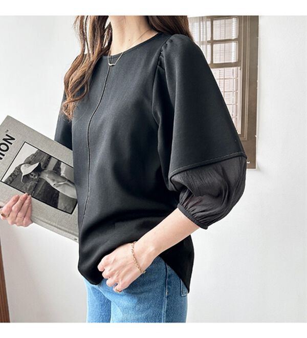 GeeRA（ジーラ）の「袖シアー切替ランタンスリーブトップス（カットソー）」｜詳細画像