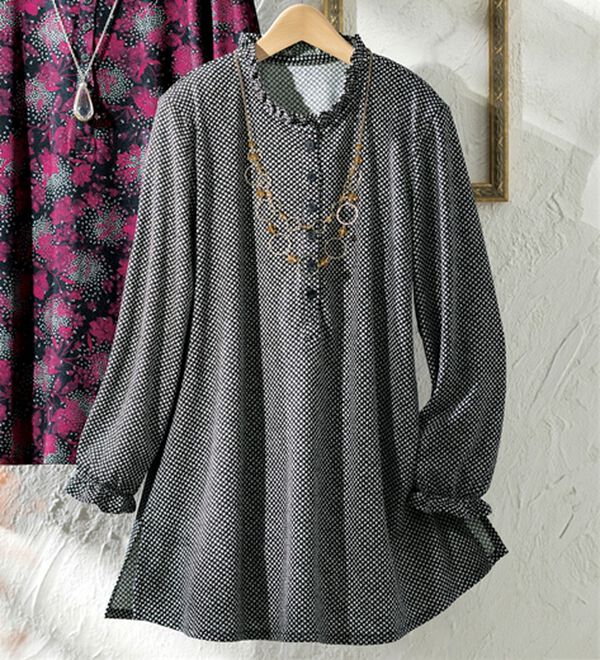 ルフラン（ルフラン）の「日本製衿フリルニットちりめんチュニック（チュニック）」｜ひった柄