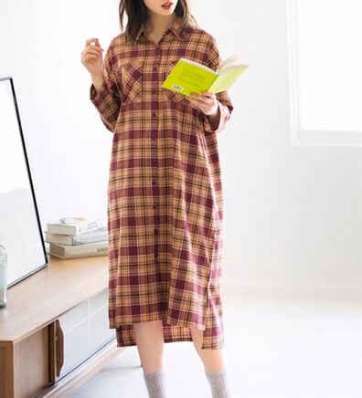 YU'NOW（ユナウ）の「ビエラチェックシャツワンピース（パジャマ・ルームウェア）」