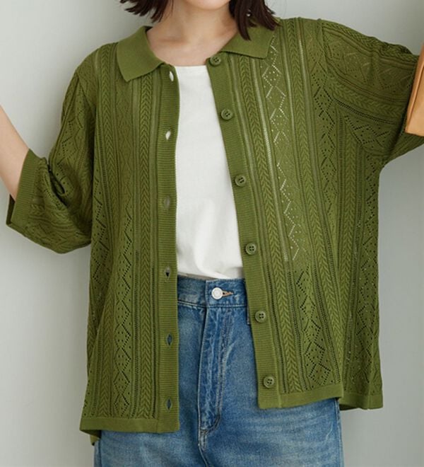 BELLUNA（ベルーナ）の「衿付き透かし編みニットカーディガン（ニットカーディガン）」｜詳細画像