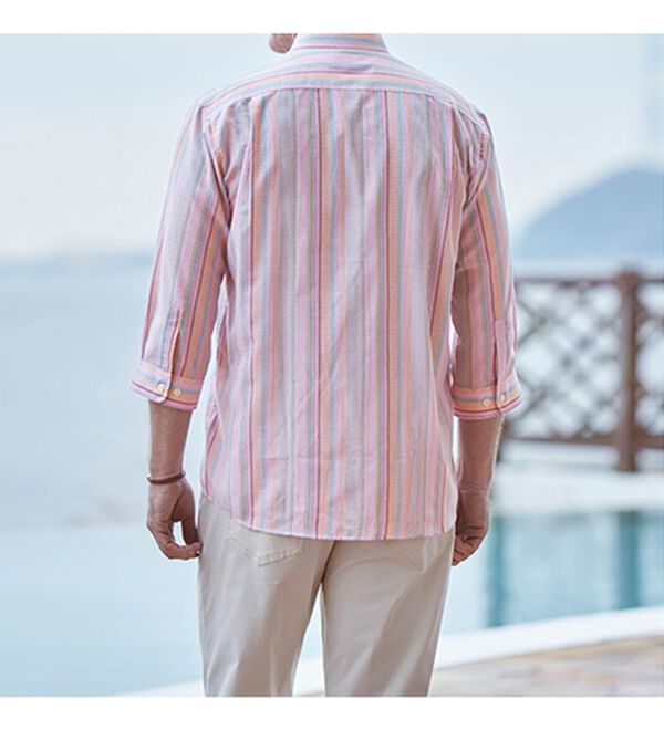 「【２色組】＜デコイ＞華やかマルチストライプ７分袖シャツ（メンズシャツ）」｜詳細画像