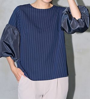 RANAN（ラナン）の「異素材使いピンストライプブラウス（ブラウス）」｜ネイビーストライプ