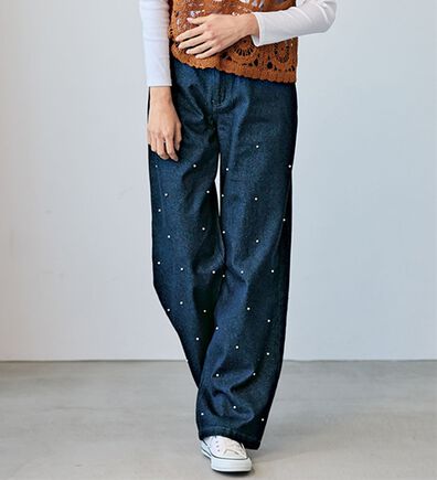BELLUNA（ベルーナ）の「コーデの主役！パールデザインデニムワイドパンツ（ワイドパンツ・ガウチョ）」