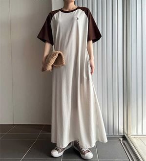 RANAN（ラナン）の「＜Ｕ．Ｓ．ＰＯＬＯ　ＡＳＳＮ．＞ラグランカットソーＡラインワンピース（カットソーワンピース）」｜ブラウン／オフホワイト