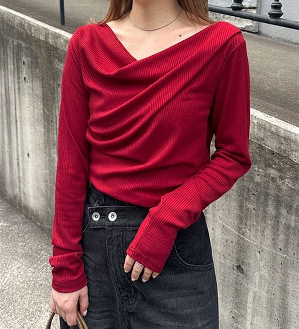 RANAN（ラナン）の「【春色追加】上品ドレープリブロングＴシャツ（カットソー）」｜詳細画像