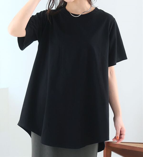 A HAPPY MARILYN（アハッピーマリリン）の「【Ｌ～９Ｌ】綿１００％！まるで魔法のお腹カバー裾フレアＴシャツ（Tシャツ）」｜ブラック