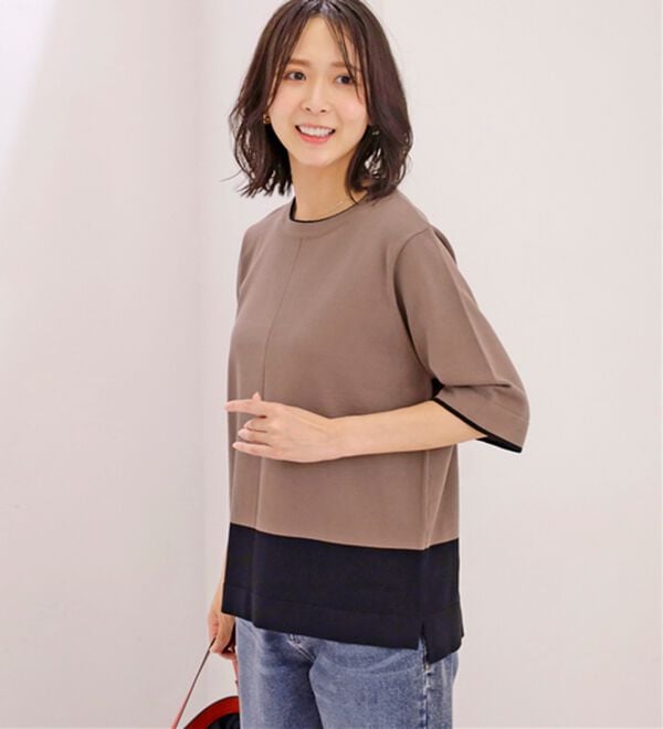 BELLUNA（ベルーナ）の「洗える！配色デザインニットプルオーバー（ニット・セーター）」｜モカ&times;黒