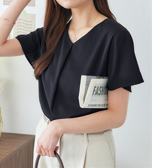 alotta（アロッタ）の「シフォンレイヤードＶネックブラウス（ブラウス）」｜ダークネイビー