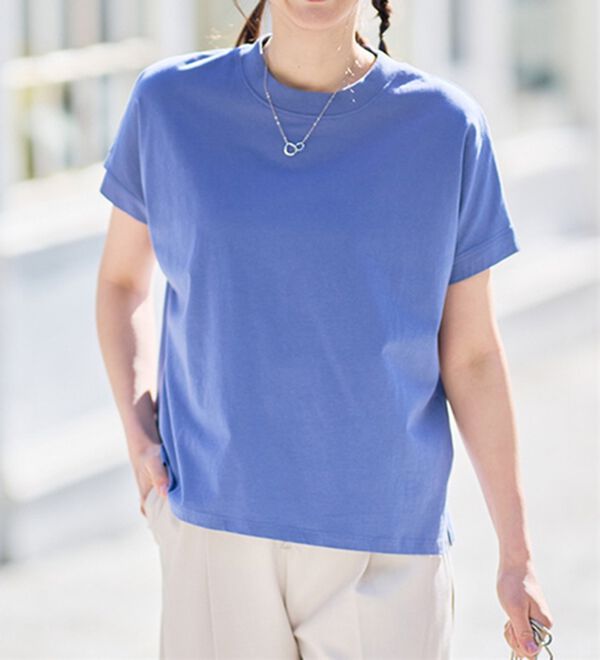 RANAN（ラナン）の「【選べる袖丈】＜BC＞綿100％プチハイネックＴシャツ（カットソー）」｜ダスティブルー（半袖）